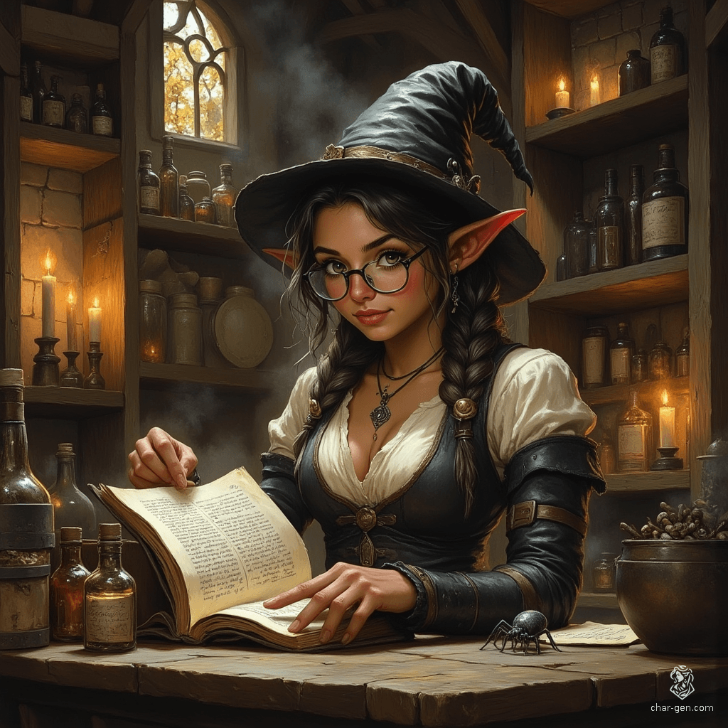 Maryam is a wise, elderly elf witch with a slender, graceful frame and tanned skin marked by gentle wrinkles. Her warm, tea-colored hair, tinged with grey, flows into a loose ponytail beneath a small pointed hat. With inquisitive topaz eyes framed by rimless spectacles, she passionately studies witchcraft in her cozy apothecary lab, surrounded by potions and ghostly spider familiar. Maryam embodies a blend of competence and excitement, perfecting the art of mystical science.