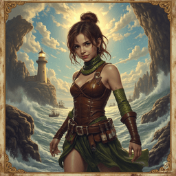 Izzy, a newly emancipated halfling assassin, is a formidable crossbow specialist with captivating yellow-green eyes and shimmering snake scales on her arms. Clad in a tight brown leather breastplate, she embodies stealth and cunning, exuding an alluring yet dangerous charm. Hidden in shadows, she’s always ready for the hunt.