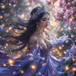 A regal, ethereal figure floats midair, her flowing dark blue and violet robes trailing arcane energy. With long, dark hair and a sharp silver-blue crown, she commands a mystical presence. Her calm expression and raised hand adorned in gold jewelry highlight her queenly aura against an ethereal backdrop.