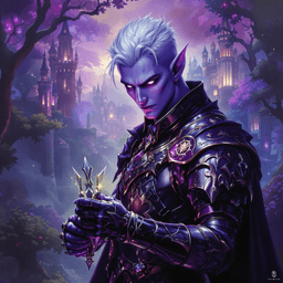 A 86-year-old Drow Bard, this charismatic charlatan wields a lute with expressive gestures, captivating audiences despite his decrepit form. Standing 6'2" with a medium build, his lavender-hued skin and striking royal purple eyes contrast sharply with his white, shaved hair. Always gripping a dagger, he navigates life with wit and charm.