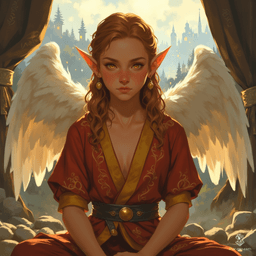 In a serene moment within his royal estate, a glowing gold-eyed half-elf boy, with long auburn hair and feathered white wings, meditates peacefully. Clad in a richly embroidered red and yellow tunic, he gazes over a medieval city, embodying a dreamlike blend of magic and calm.