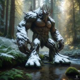 The Frost-Fir is a colossal, tree-shaped creature, standing tall on trunk-like legs. Its branch-like arms are draped in snow, evoking a wintery conifer. With a chilling presence, it blends seamlessly into its frosted surroundings, guarding the wintry woods against intruders.