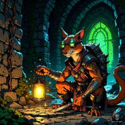 In a dark, ancient dungeon, an anthropomorphic squirrel artificer kneels over delicate clockwork, keen green eyes glinting with intellect. Adorned in a patchwork apron and intricate goggles, their mechanical backpack hums softly, embodying charm and resourcefulness as they explore the mysteries of a forgotten world.