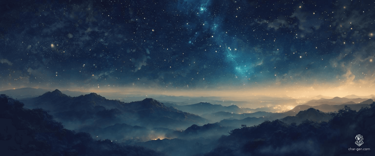 Under an endless canvas of velvety midnight, ethereal stars streak across the open sky, leaving trails of shimmering silver. Each celestial arc illuminates the expansive, otherworldly landscape, casting a magical glow that dances on the horizon.