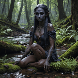 A wild and rugged female dark elf (drow) warrior with contrasting tan and grayish-black skin, long jet-black hair, and striking purple eyes. She possesses a toned physique and embodies the fierce spirit of a barbarian.