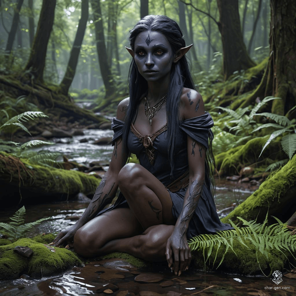 A wild and rugged female dark elf (drow) warrior with contrasting tan and grayish-black skin, long jet-black hair, and striking purple eyes. She possesses a toned physique and embodies the fierce spirit of a barbarian.