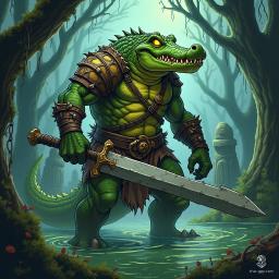 In the heart of a shadowy swamp, an imposing alligator barbarian looms, knee-deep in murky water. Towering and scarred, he dons tattered leather armor adorned with fierce trophies. Wielding a jagged greatsword, his glowing yellow eyes pierce the mist, guardians of ancient ruins and dark secrets.