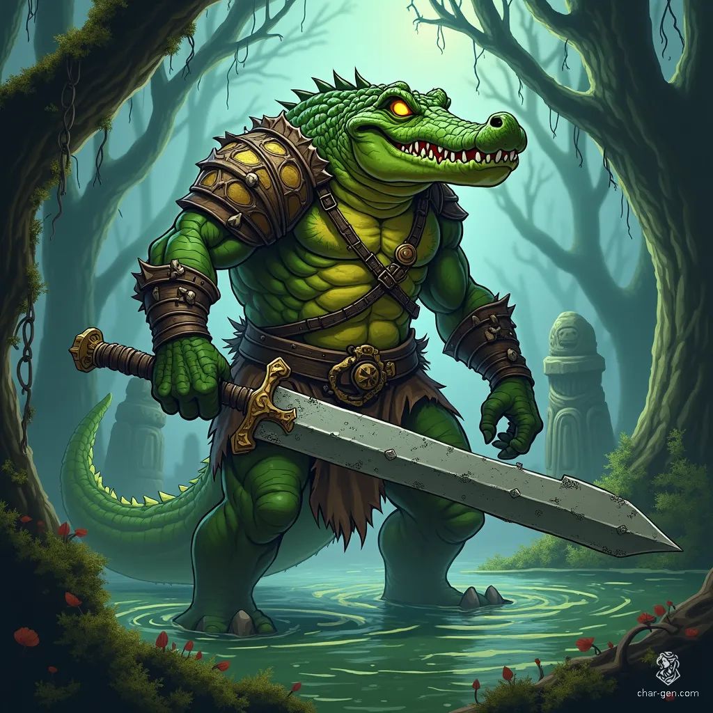 In the heart of a shadowy swamp, an imposing alligator barbarian looms, knee-deep in murky water. Towering and scarred, he dons tattered leather armor adorned with fierce trophies. Wielding a jagged greatsword, his glowing yellow eyes pierce the mist, guardians of ancient ruins and dark secrets.