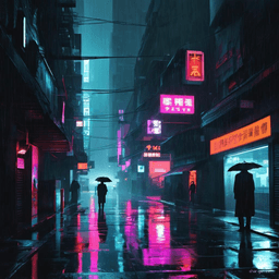 In a moody, tech-noir cityscape, rain-soaked streets glisten under glaring neon lights. Shadowy figures drift through dark alleys, sleek cybernetic elements blend with futuristic urban design, and high-contrast visuals evoke a sense of imminent danger lurking around every corner.