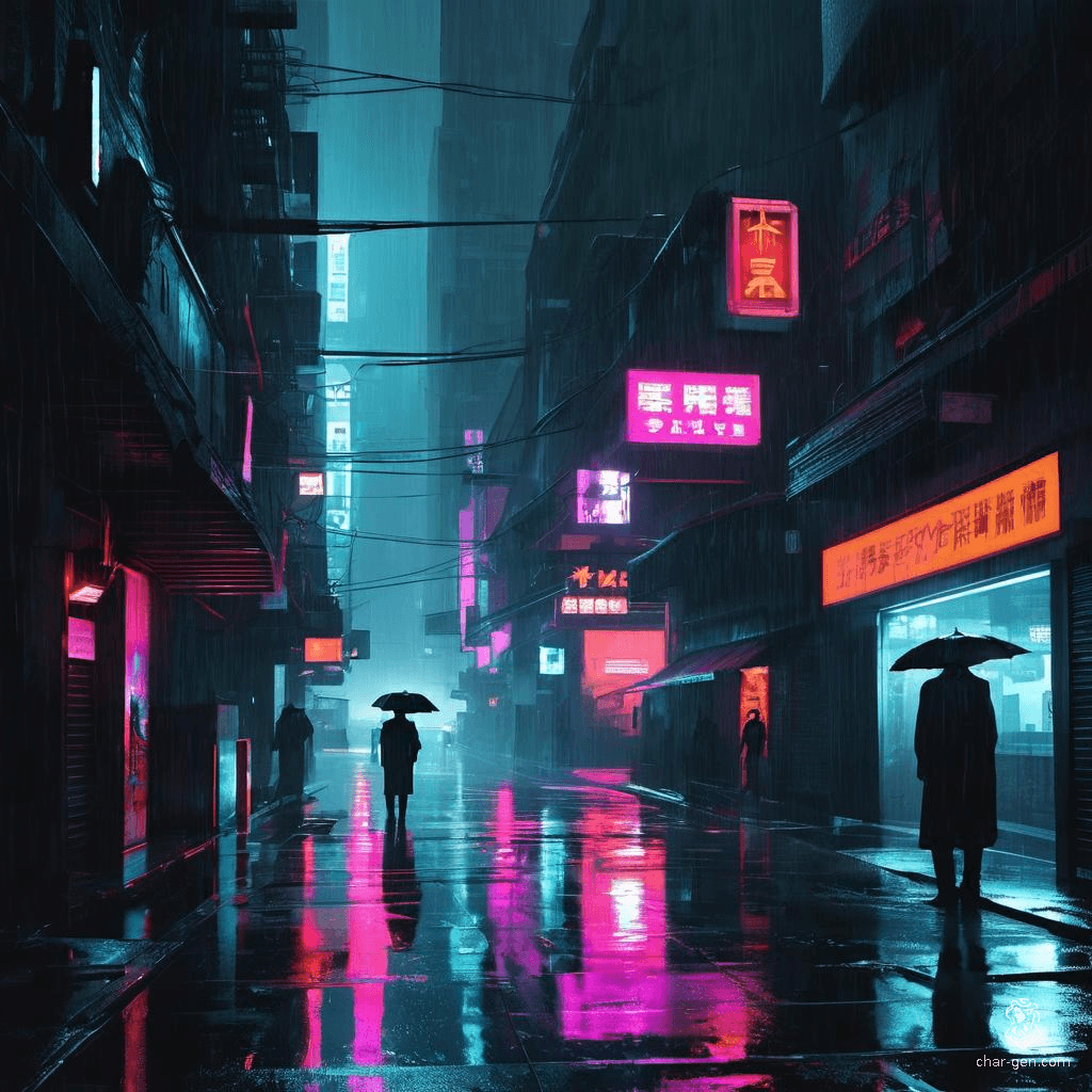 In a moody, tech-noir cityscape, rain-soaked streets glisten under glaring neon lights. Shadowy figures drift through dark alleys, sleek cybernetic elements blend with futuristic urban design, and high-contrast visuals evoke a sense of imminent danger lurking around every corner.