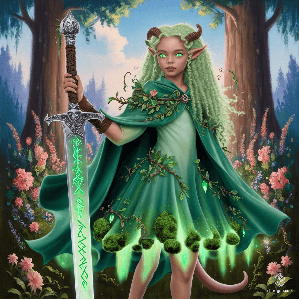 A young tiefling druid, vibrant with long, curly light green hair and radiant green eyes, roams the wilds adorned in a mystical, nature-themed cape. Her glowing moss border and enchanted floral accents reflect her deep bond with nature, while her intricately designed sword symbolizes her strength and magical prowess. Accompanied by animal friends, she embodies adventure and harmony with the earth.