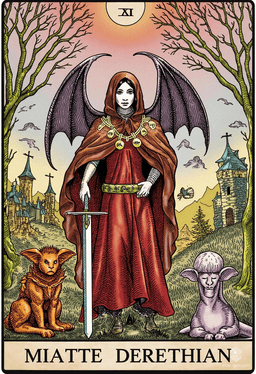 Miatte Derethian is a formidable human fighter, standing at 5'6" with pale skin and deep espresso hair. A haunted warrior, she wields a longsword with grace and charm, donning a winged cloak. Driven to vanquish monsters and exorcise her own demons, Miatte battles darkness to protect the innocent.
