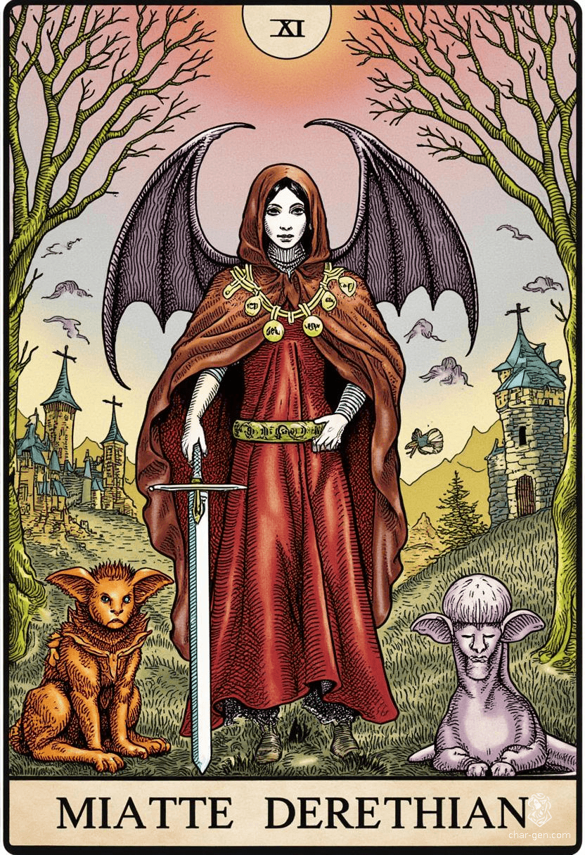 Miatte Derethian is a formidable human fighter, standing at 5'6" with pale skin and deep espresso hair. A haunted warrior, she wields a longsword with grace and charm, donning a winged cloak. Driven to vanquish monsters and exorcise her own demons, Miatte battles darkness to protect the innocent.