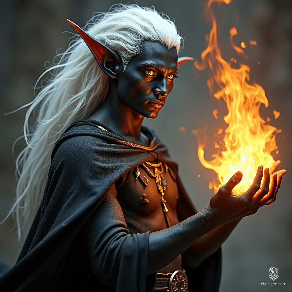 A young male Drow sorcerer, cloaked in shadows, wields his power with fiery intent. His striking white hair contrasts sharply with his obsidian skin, while piercing yellow eyes gleam with arcane knowledge. As he conjures a swirling fireball, his mastery of magic ignites the darkness around him.