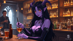 A striking, tall Tiefling bartender with deep violet skin and glowing amber eyes. Her elegantly curved horns, adorned with silver rings, complement her cascading jet-black hair. Wearing a form-fitting leather bodice and flowing skirt, she expertly mixes drinks with long, graceful fingers, captivating the lively patrons.