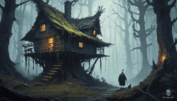 In a foreboding dark forest shrouded in dense fog, a twisted wooden hut stands on long, spindly chicken legs with gnarled joints. The warped walls are covered in glowing runes. Twisted trees and bioluminescent mushrooms contribute to the eerie atmosphere.
