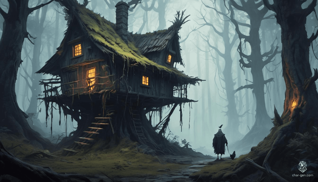 In a foreboding dark forest shrouded in dense fog, a twisted wooden hut stands on long, spindly chicken legs with gnarled joints. The warped walls are covered in glowing runes. Twisted trees and bioluminescent mushrooms contribute to the eerie atmosphere.