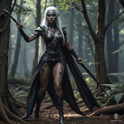 A confident female dark elf fighter with dark grey skin and distinct tan undertones, wields various weapons. She has wavy, long white hair and striking purple eyes. Her poised stance reflects her formidable prowess in combat.