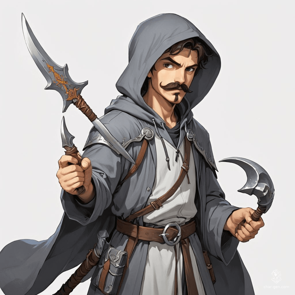 Meet Aric, a young mage with a distinctive handlebar mustache. Clad in flowing grey robes and a hoodie, he wields a gleaming scimitar, blending arcane prowess with martial skill. His eccentric style hints at an adventurous spirit, ready to face the unknown.