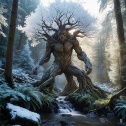 The Frost-fir is a majestic, tree-shaped creature looming on towering trunk-like legs. Its arms, resembling snow-laden conifer branches, shroud the surrounding landscape in a blanket of cold. With each step, it brings the chilling beauty of winter to life, embodying the essence of frostbitten forests.
