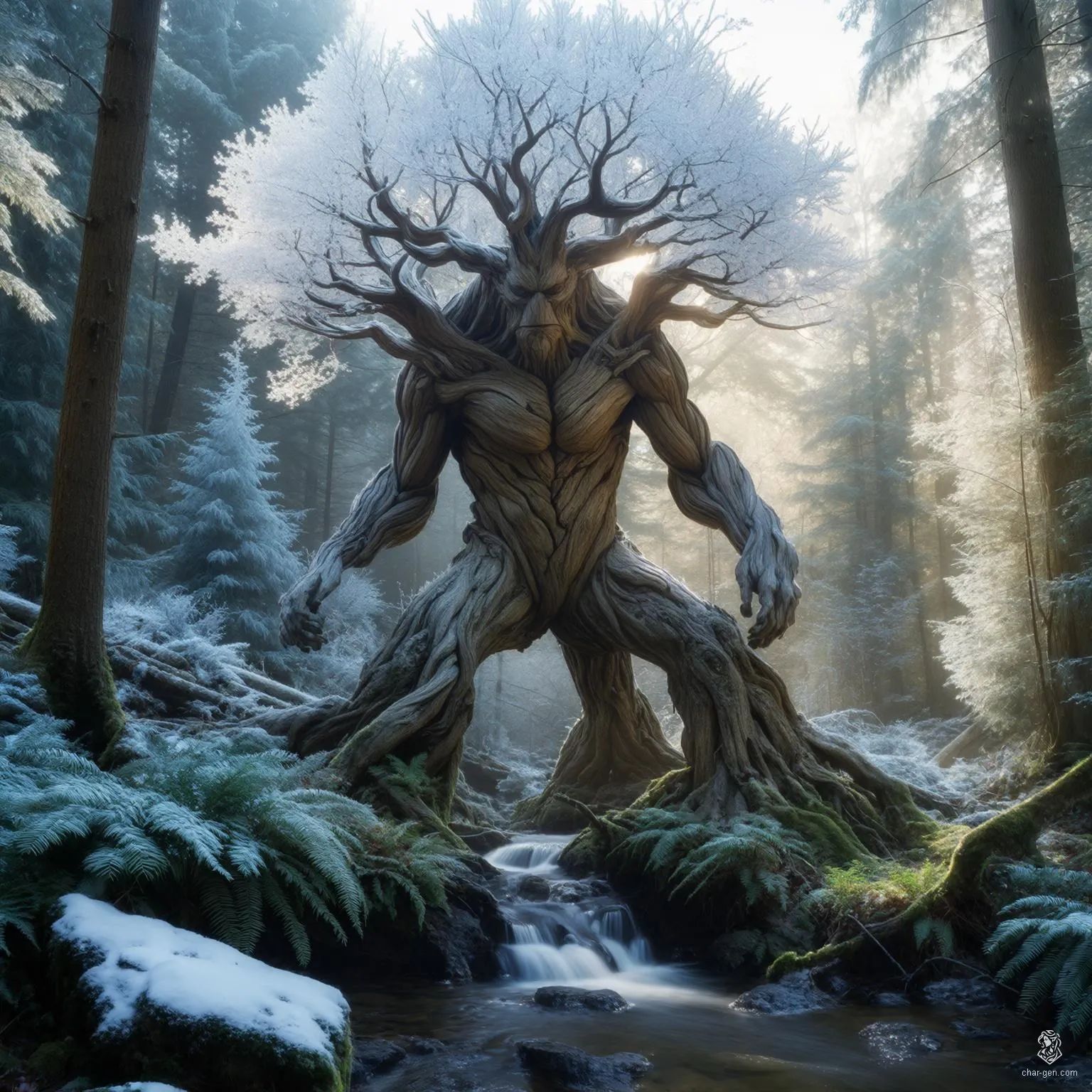 The Frost-fir is a majestic, tree-shaped creature looming on towering trunk-like legs. Its arms, resembling snow-laden conifer branches, shroud the surrounding landscape in a blanket of cold. With each step, it brings the chilling beauty of winter to life, embodying the essence of frostbitten forests.