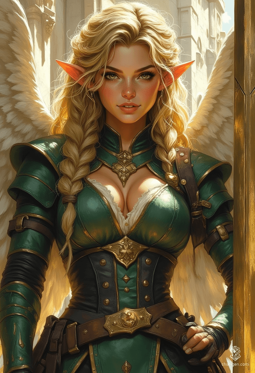 Sigarda, the radiant angel, floats majestically against a vibrant sky, draped in glimmering green and gold armor. Her golden hair cascades around a striking visage, highlighted by brilliantly glowing eyes. Grasping a magical sword, she embodies beauty and strength in a painterly style rich with color and emotion.