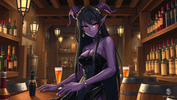 A tall and striking female Tiefling bartender with deep violet skin and glowing amber eyes. Her elegantly curved horns are adorned with silver rings, and her jet-black hair cascades in loose waves. She dons a black leather bodice and flowing skirt, expertly mixing drinks with grace.