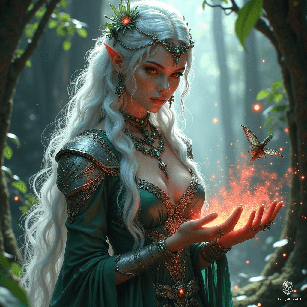 Meet Elowen, a captivating human warlock with long, white hair braided with flowers, and piercing red eyes that glow with otherworldly power. Clad in elegant fey-inspired armor, she commands magic with crimson energy, drawing strength from her Archfey patron as she navigates enchanted forests and battles mystical foes.