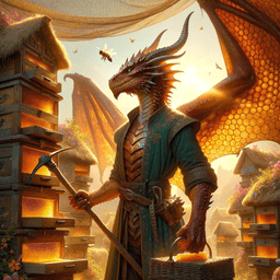 The copper-skinned male Dragonborn druid, with braided hair and adorned in an armored beekeeper's suit, embodies earthy elements. Known for his strong connection with nature, he delves into the Earth as a miner, skillfully wielding a pickaxe while his animal companions watch. His draconic features, including frilled ears and small horns, evoke a blend of strength and wisdom.