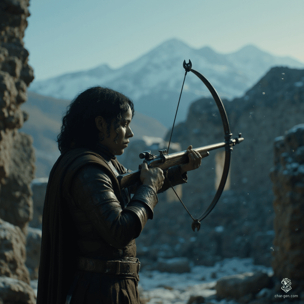 Izzy, a newly emancipated halfling assassin, combines grace and danger. With medium-toned skin adorned with shimmering green scales and reptilian blue eyes, she is a crossbow specialist dressed in practical brown leather armor. Alert and focused, she embodies a lethal joy as she prepares for the hunt amidst falling snow.