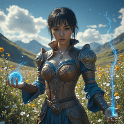 Jouli is a middle-aged investigator mage of East Asian descent, standing 5'4" with a lithe frame and strikingly gorgeous features. Her fair skin shimmers under the afternoon sun, and her bright eyes reflect concern as she conjures a glowing blue rune. Clad in intricately embossed leather armor, she balances her roles as a fierce protector and meticulous librarian among towering bookshelves.