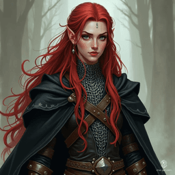 A striking half-elf stands tall, his long red hair adorned with white streaks framing his chiseled features. Dark green eyes pierce through shadowy depths as he drapes a flowing black cloak over gleaming silver chainmail, embodying both grace and strength in a world of magic and intrigue.