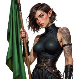 An attractive middle-aged elf monk, around 30, exudes wisdom with her tired blue-eyed gaze. Short brown hair frames her face, adorned with faint arm tattoos. Clad in fitted black monk attire revealing her midriff and leg ribbons, she holds a vibrant green flag, embodying a fierce resilience.