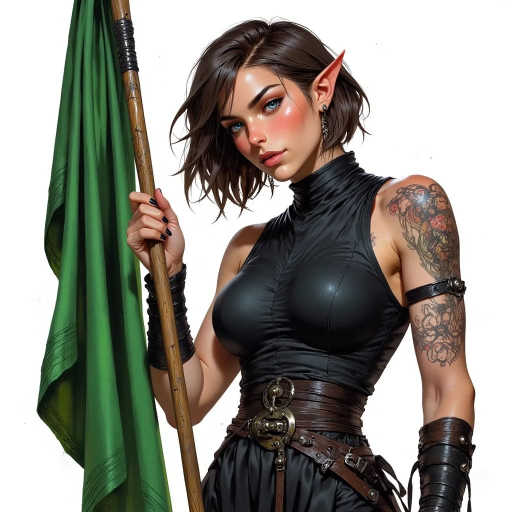 An attractive middle-aged elf monk, around 30, exudes wisdom with her tired blue-eyed gaze. Short brown hair frames her face, adorned with faint arm tattoos. Clad in fitted black monk attire revealing her midriff and leg ribbons, she holds a vibrant green flag, embodying a fierce resilience.