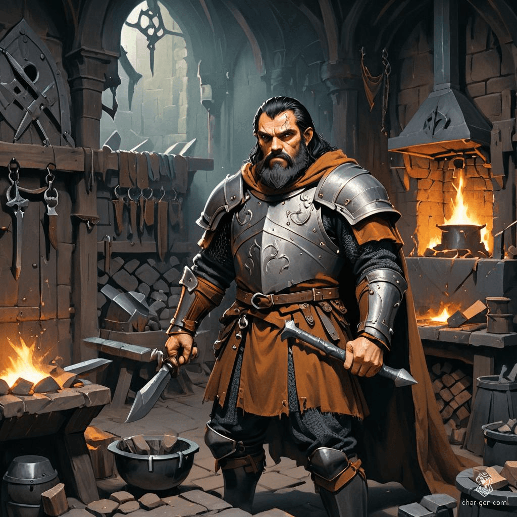 Brom Ironforge, a sturdy male dwarf with distinctive tan skin and jet-black hair, confidently stands amidst his armory, surrounded by suits of armor and tools. Clad in chainmail with a brown cloak, he expertly crafts protection for brave warriors, embodying the spirit of a seasoned fighter.