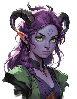 Lyrica Chantenuit, a charming 25-year-old tiefling bard, wields her magical lute with expressive flair. With distinctive purple skin, rich plum hair, and captivating green eyes, she blends her devilish heritage with nimbleness. Though not wise, her enchanting melodies and magnetic presence make her a captivating force on the battlefield.