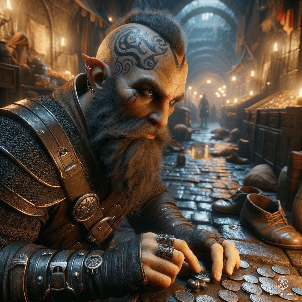A bald male dwarf adorned with a runic face tattoo, he prowls the crowded markets clad in dirty leather armor. With nimble fingers, he expertly picks locks and pockets, a cunning thief blending into the shadows of the bustling streets.