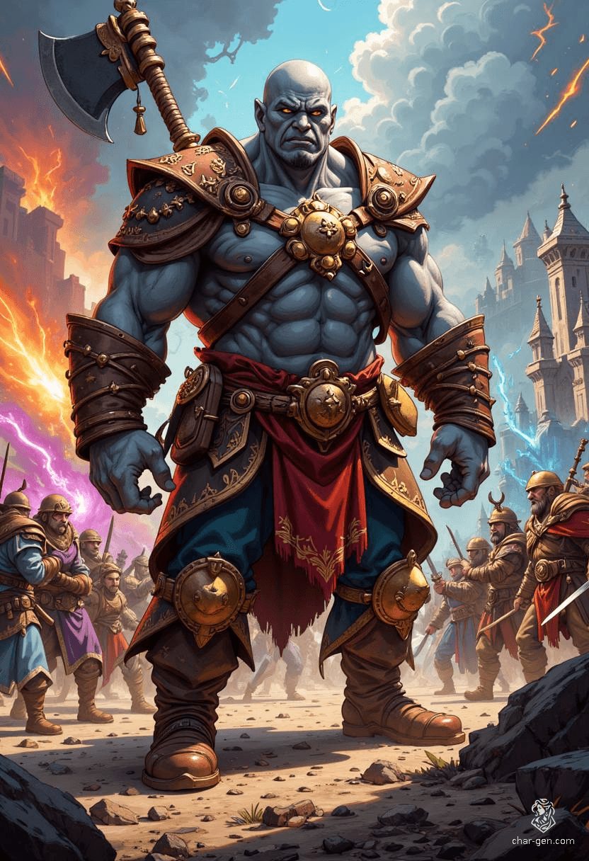 Grog Strongjaw is an 8'7" half-giant goliath barbarian with rugged gray skin and an enormous build. Exiled for sparing a gnome, he wields a great axe and embodies strength over intellect, reveling in tavern brawls and hearty ale alongside newfound friends.