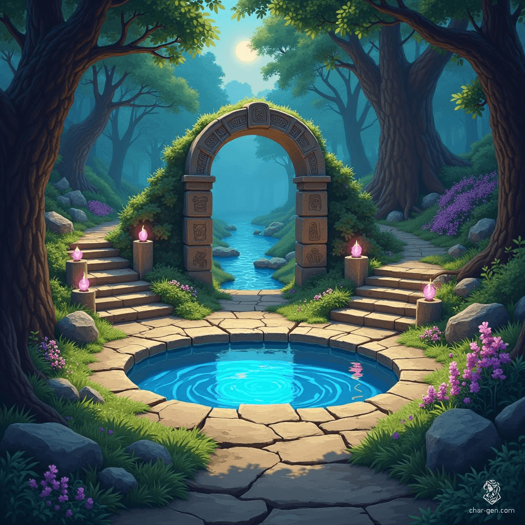 Nestled just beyond the city lies Lover's Glade, a serene woodland oasis. Concentric stone steps ascend from a shimmering central pool, surrounded by enchanted forest glows. Wisps of faerie fire dance above, casting soft light on tranquil waters, creating an ethereal haven alive with magic and peace.