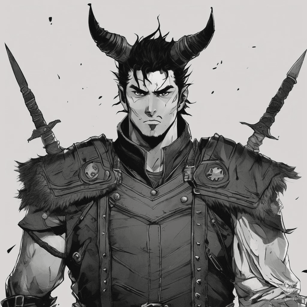 Oberon is a rugged, battle-hardened warrior with short black hair and stubble. He dons a leather vest that reveals scars and burns across his chest, testament to countless battles against demons and men alike. Fierce and relentless, he embodies the life of a relentless killer.