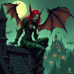 In the shadows of the moonlit night, a fierce female elf perches atop a rooftop. With flowing red hair, glowing red eyes, and bat wings, she emanates an otherworldly presence. Her tattered green leather armor clings tightly to her thin waist, accentuating her formidable beauty and deadly sharp claws, while her snarl reveals razor-sharp fangs, brimming with latent malice.