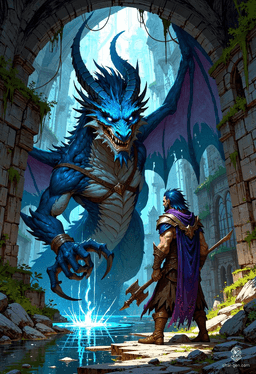 Az'ur Sininen, a noble dragonborn barbarian, stands at 6'7" with striking blue scales and dark blue eyes. A folk hero wielding a morningstar, he exudes strength and agility. Clad in an intricately shifting cloak, Az'ur embodies sincerity, haunted yet proud of his past, driven by authenticity and resilience.