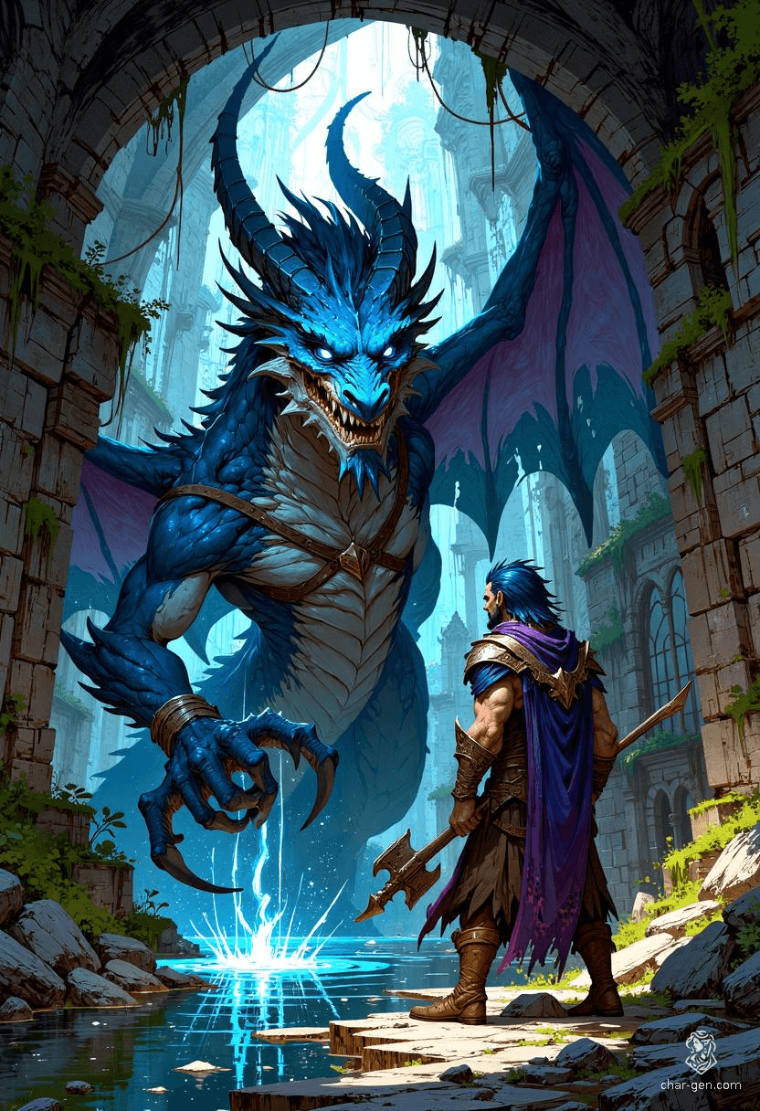 Az'ur Sininen, a noble dragonborn barbarian, stands at 6'7" with striking blue scales and dark blue eyes. A folk hero wielding a morningstar, he exudes strength and agility. Clad in an intricately shifting cloak, Az'ur embodies sincerity, haunted yet proud of his past, driven by authenticity and resilience.