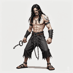 A towering, emaciated figure, this medieval prisoner is clad in tattered rags, his long black hair cascading over an expression of fury. Clutching a heavy chain and wearing worn leather sandals, he embodies the defiance of a spirit unwilling to be broken.