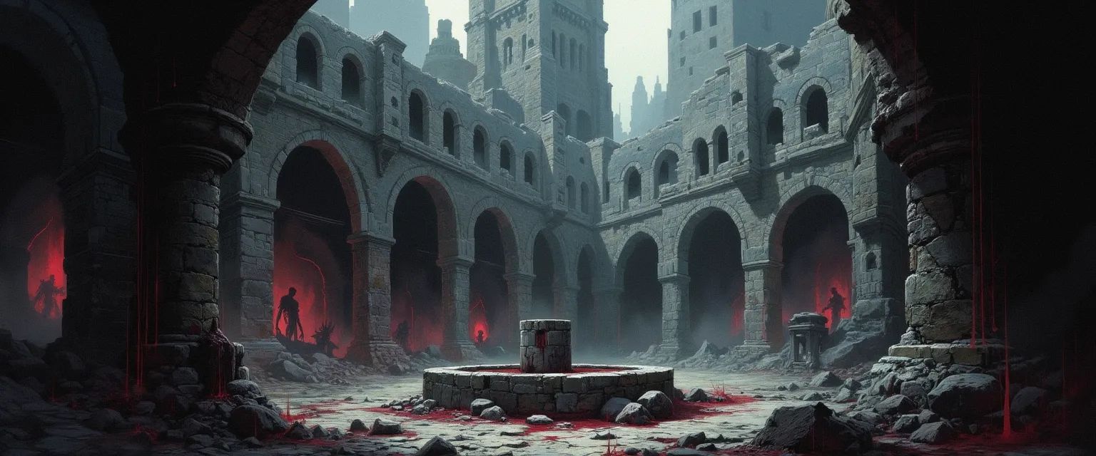 Beneath a canopy of swirling obsidian clouds, shattered stone ruins rise from the earth, remnants of a forgotten city. Shadows dance eerily among crumbling walls and a silent well, while the air hangs heavy with an unsettling stillness, hinting at the horrors lurking just beyond sight.