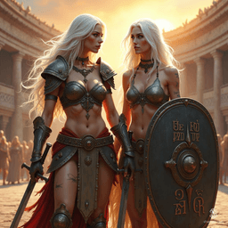 In the heart of an ancient arena, two fierce Drow sisters stand resolute. The tall, agile warrior with flowing white hair wields twin swords, her fierce red eyes ablaze. Beside her, the stockier sister, scarred and steadfast, holds a battered shield, ready for battle. Together, they embody strength and resilience.
