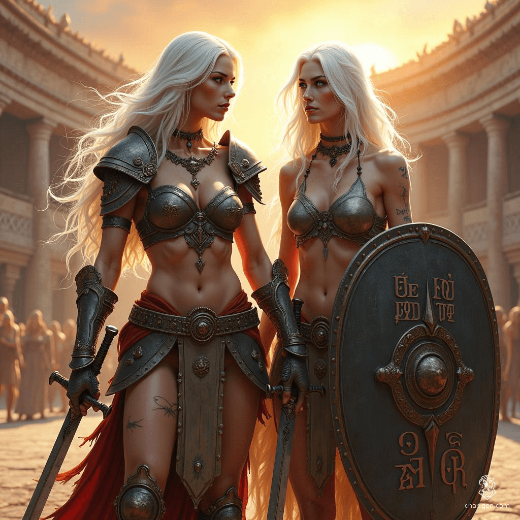 In the heart of an ancient arena, two fierce Drow sisters stand resolute. The tall, agile warrior with flowing white hair wields twin swords, her fierce red eyes ablaze. Beside her, the stockier sister, scarred and steadfast, holds a battered shield, ready for battle. Together, they embody strength and resilience.