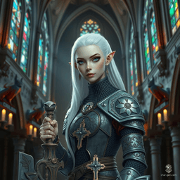 Thaveza, a 22-year-old female Drow cleric, stands 5'10" tall and weighs 150 pounds. Distinguished by her bright white hair, vivid blue eyes, and light skin, she exudes a serene demeanor. Raised in a monastery, she owes her life to a priest who took her in after her parents died. Now a wise healer wielding a prominent mace, she remains wary of strangers.