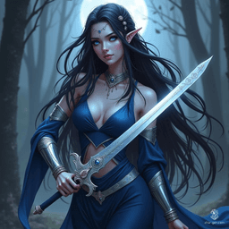 In a moonlit forest, a stunning moon elf bladesinger wields an ethereal longsword, her flowing dark hair adorned with silver and moon-themed accessories. With deep blue eyes and faintly bluish skin, she embodies elegance and deadly skill, poised for action in her graceful, armored attire.