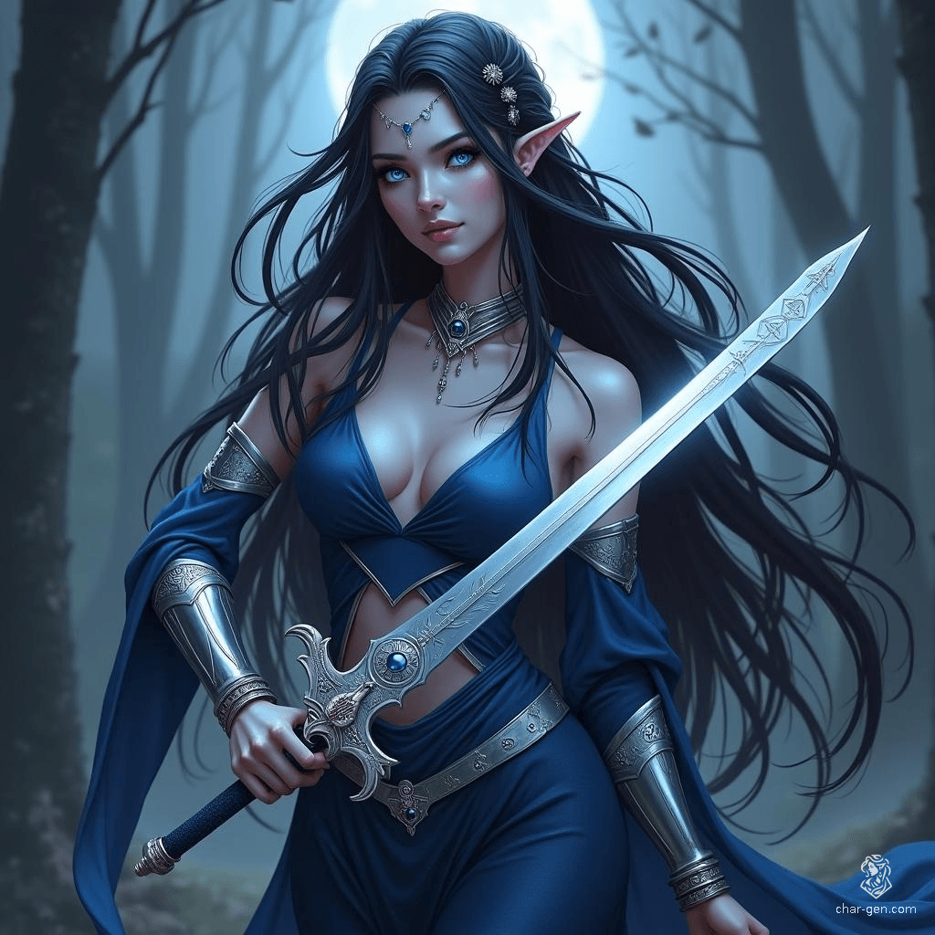 In a moonlit forest, a stunning moon elf bladesinger wields an ethereal longsword, her flowing dark hair adorned with silver and moon-themed accessories. With deep blue eyes and faintly bluish skin, she embodies elegance and deadly skill, poised for action in her graceful, armored attire.